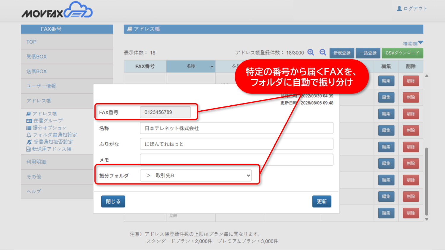 FAX自動振り分け機能画面イメージ